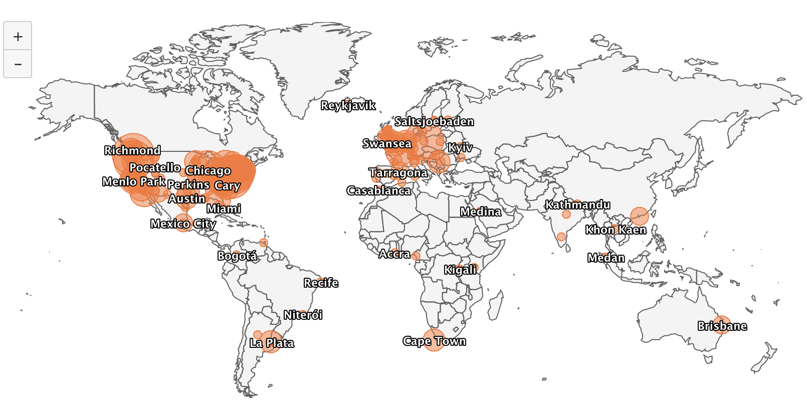 Global heatmap showing how people from across the world joining the csv,conf,v5 opening session